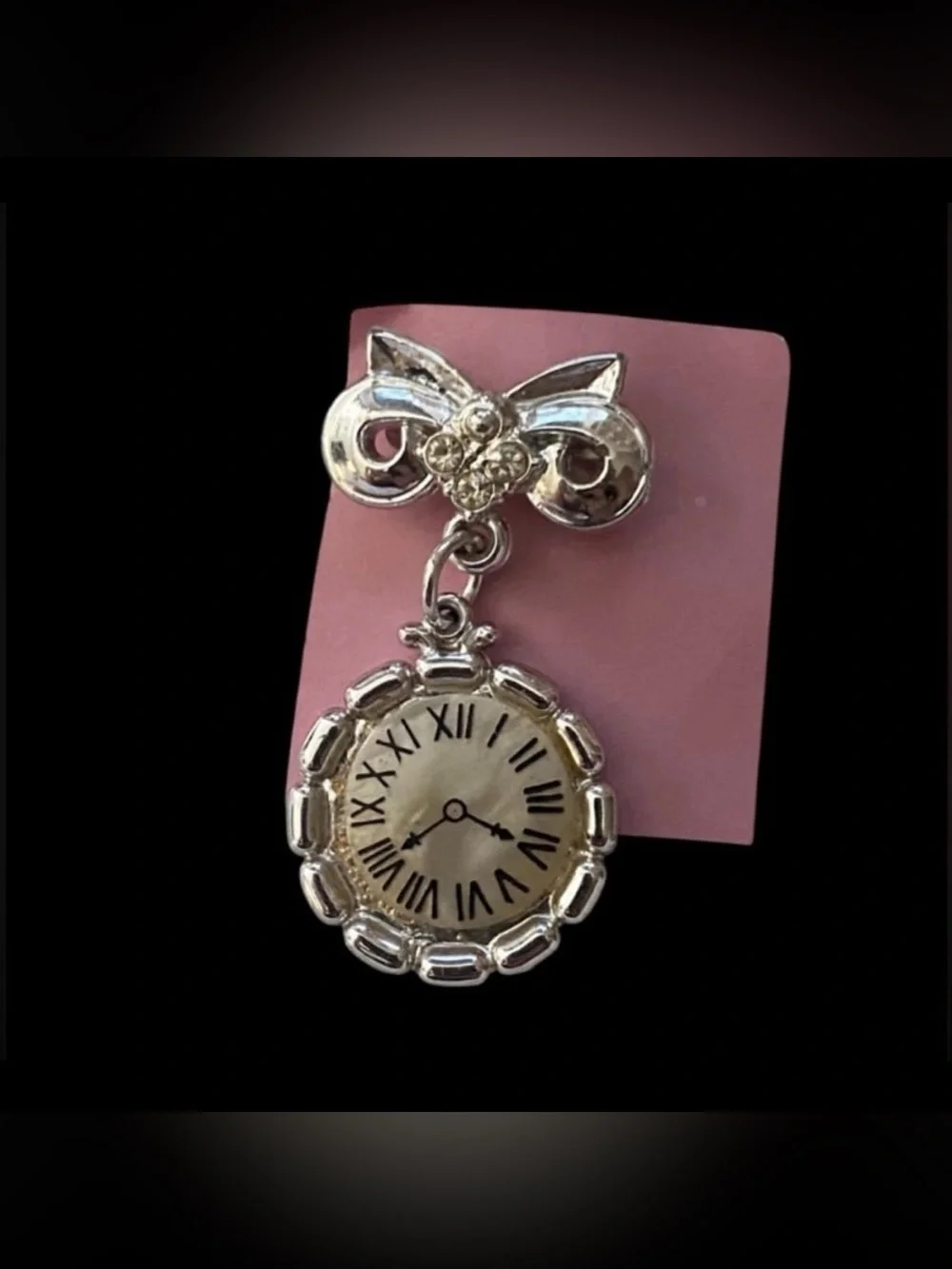 Vintage Silver Tone Faux Watch & Holder Brooch #6162